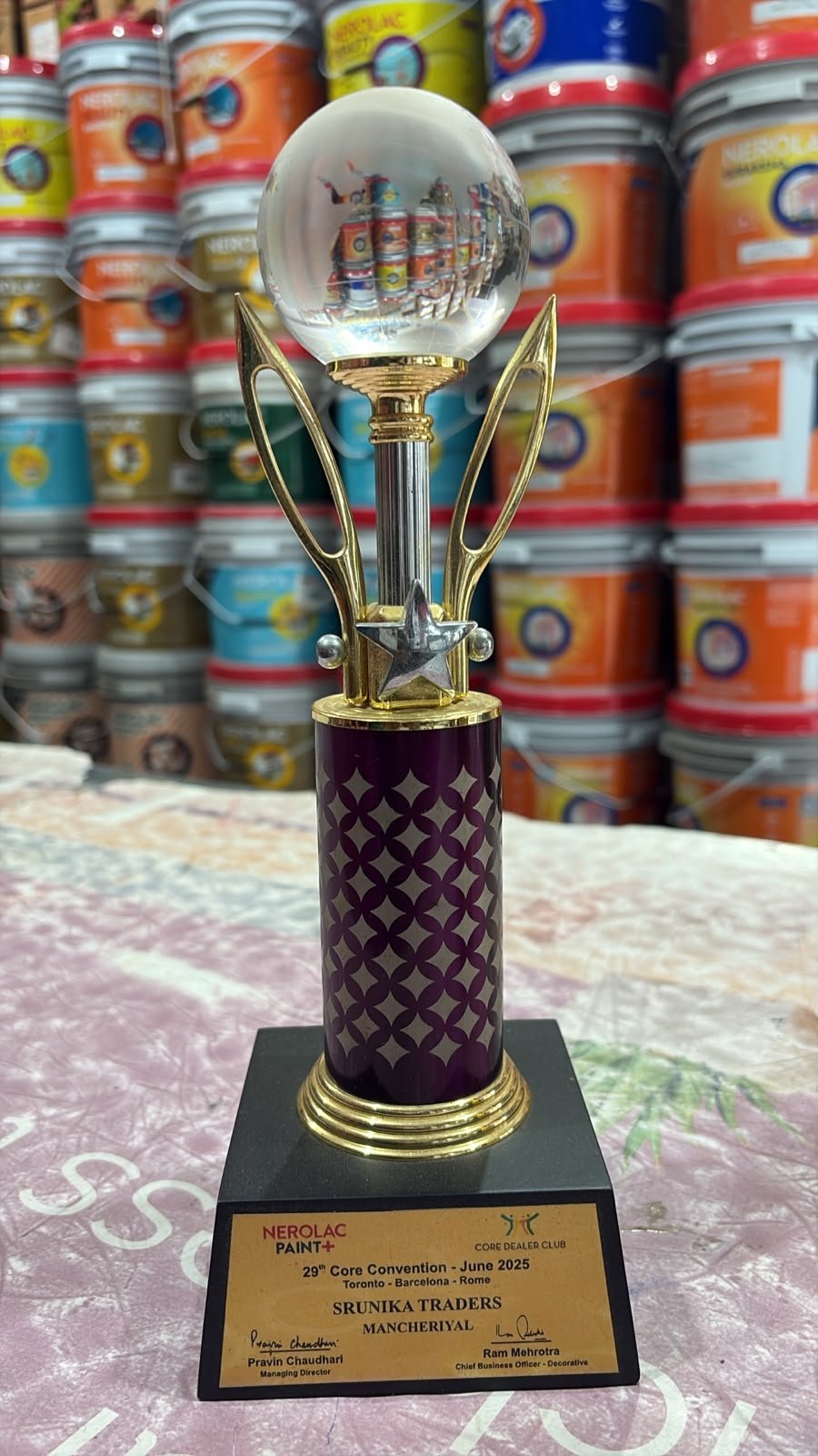 Nerolac Core Dealer Club globe trophy, 29th Core Convention June 2025, Toronto, Barcelona, Rome, Srunika Traders, Mancheriyal