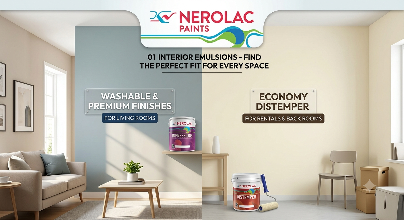 Nerolac interior emulsions — washable premium finishes for living rooms and economy distemper for rentals