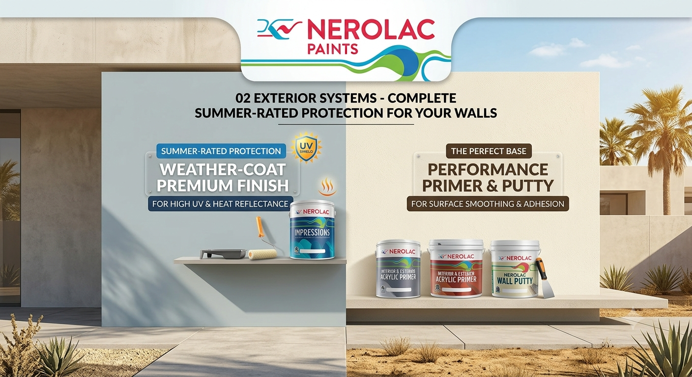 Nerolac exterior systems — weather-coat premium finish with acrylic primer and wall putty