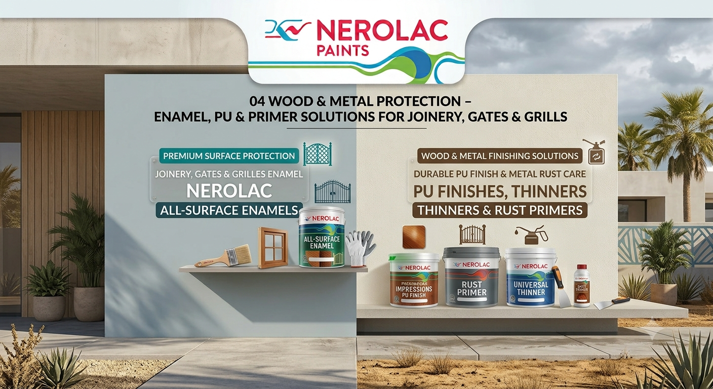 Nerolac wood and metal range — all-surface enamel, PU finish, rust primer and universal thinner